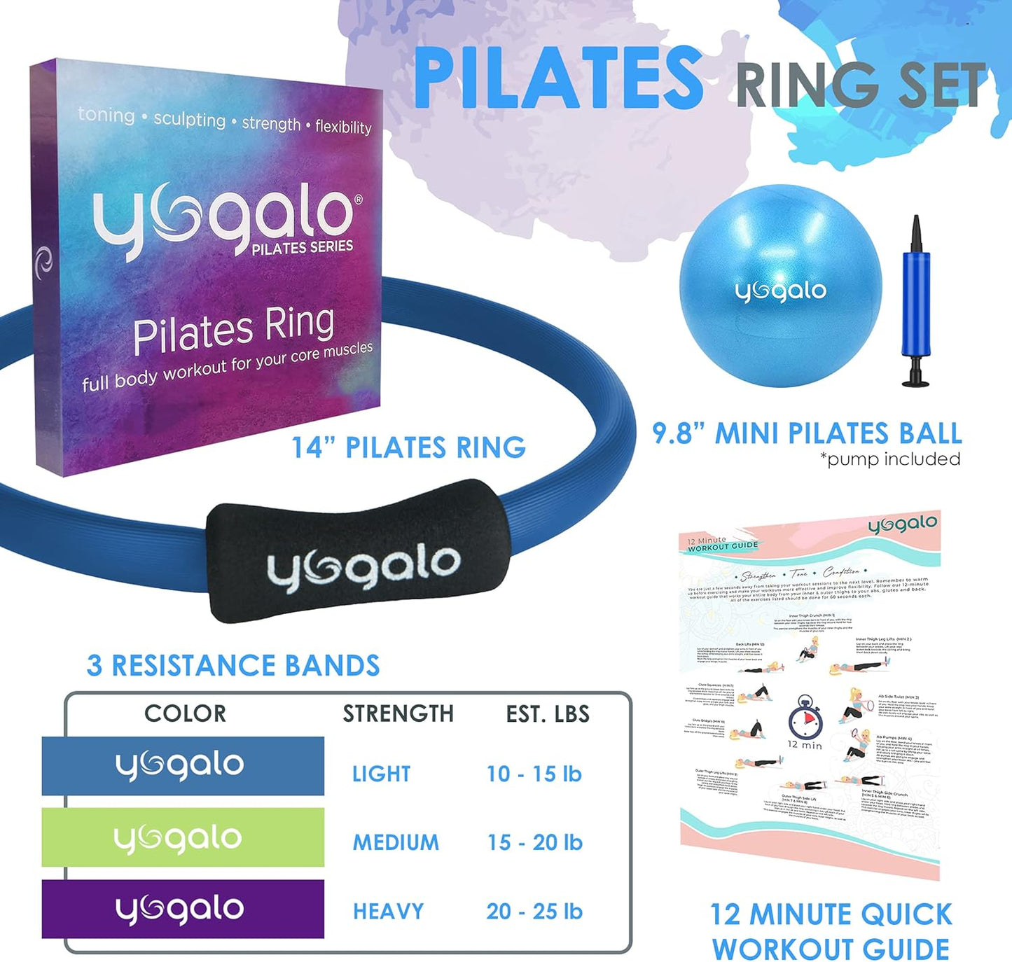 Pilates Ring and Ball Set with 3 Resistance Bands - Pilates Equipment for Home Workout - Magic Circle Pilates Ring 14 Inch to Tone, Sculpt and Strengthen - Fitness Ring for Yoga and Pilates