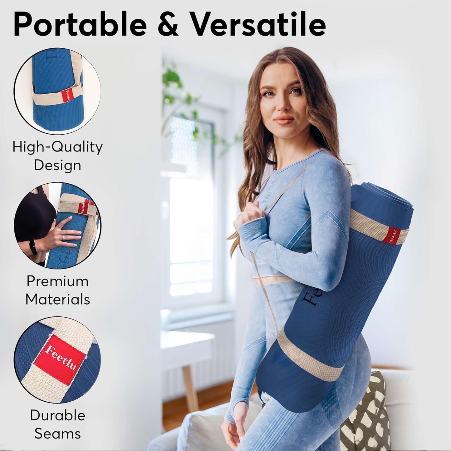 Extra Thick 12mm Exercise Mat – Non-Slip, Joint-Friendly & Cushioned Fitness Mat for Yoga, Pilates & Floor Workouts – Durable, Supportive & Includes Feetlu Classic Strap