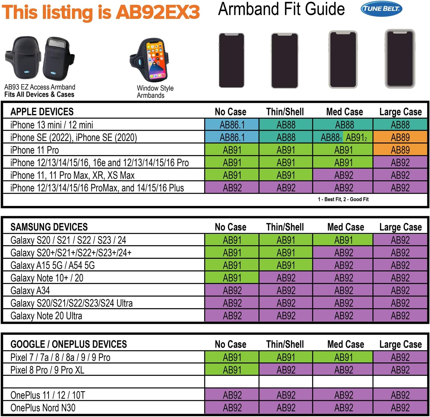 Tune Belt AB92EX3 Running Armband for iPhone 16/15/14/13 Pro Max, Plus, Galaxy Ultra/Plus/Note – Fits Large Phone with Large Case, Phone Holder Includes EX3 Strap Extender for XL Biceps (Black)