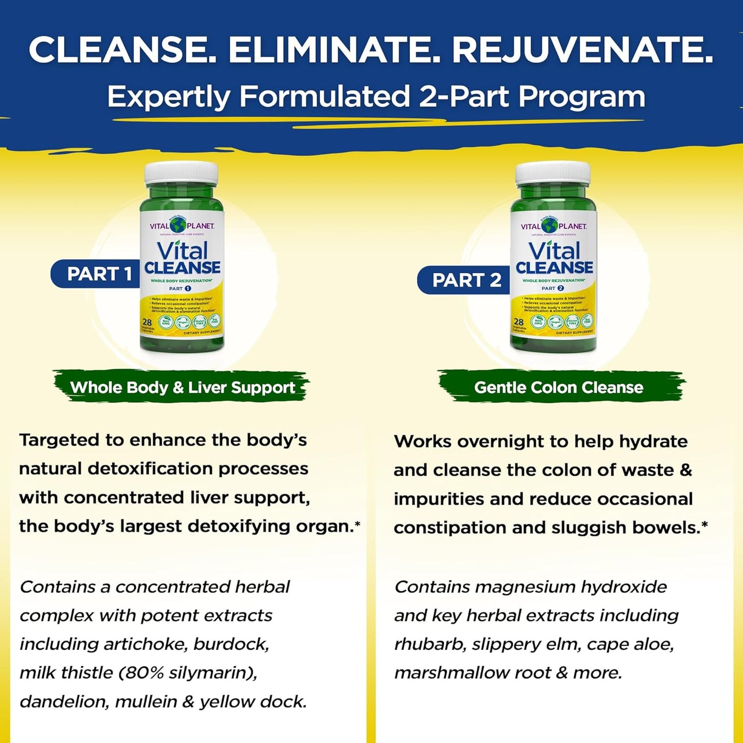 Vital Planet - Vital Cleanse with Milk Thistle, Magnesium, Cape Aloe and Herbs, Natural Supplement for Occasional Constipation and Healthy Elimination, 2-Part - 14 Day Kit, 56 Capsules