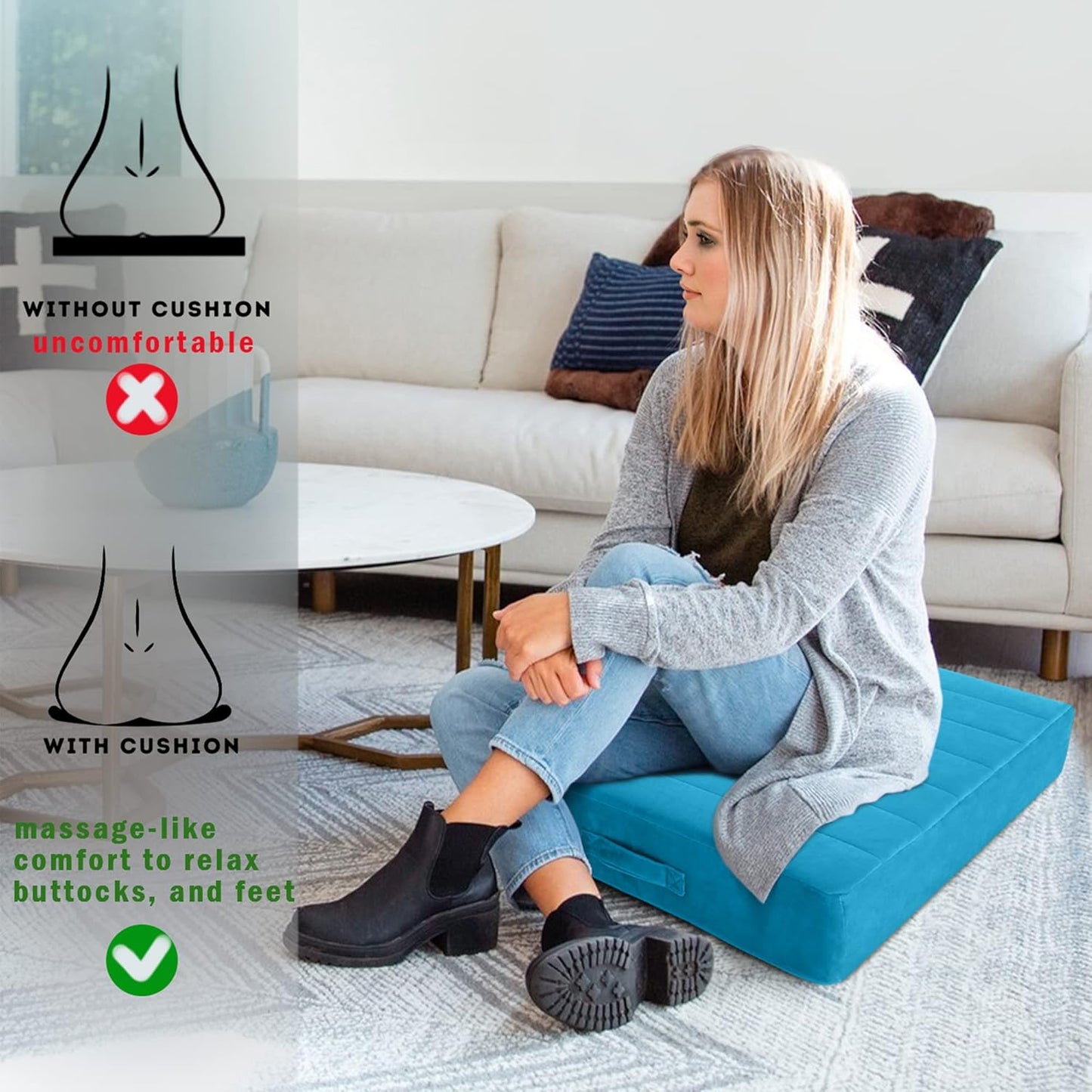 MeMoreCool Square Floor Pillow Seating for Adults Kids, Large Meditation Cushion Floor Pillow with Thick Foam & Soft Tufted Cover, Washable Big Pillow Seat Floor Cushion for Sitting Yoga 24" Blue