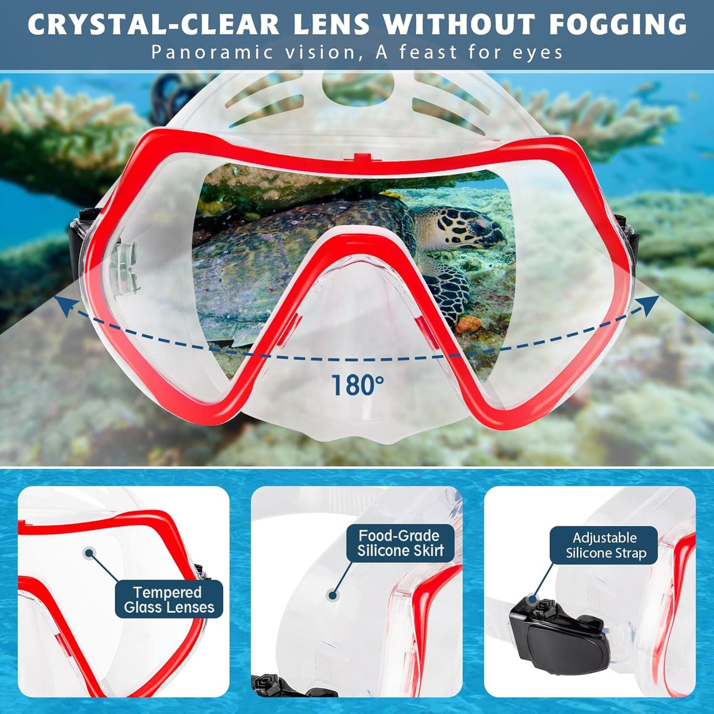 ZEEPORTE Mask Fin Snorkel Set, Travel Size Snorkeling Gear for Adults with Panoramic View Anti-Fog Mask, Trek Fins, Dry Top Snorkel and Gear Bag for Swimming Training, Snorkeling Kit Diving Packages