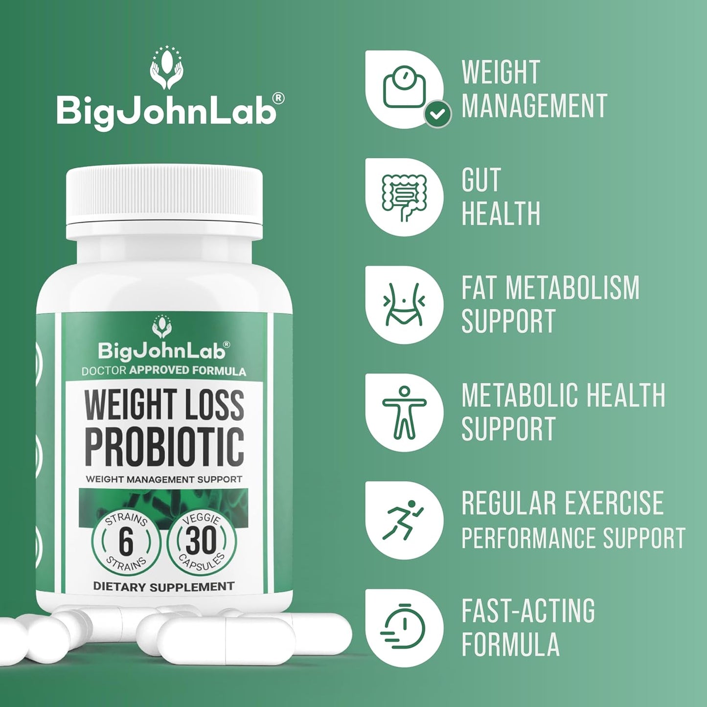 BIGJOHNLAB® - Probiotics for Weight Management & Bloating - 6 Probiotic Strains - Prebiotics - Key Ingredient Cayenne & Green Tea - Supports Gut Health - Weight Management for Women & Men - 30 CT