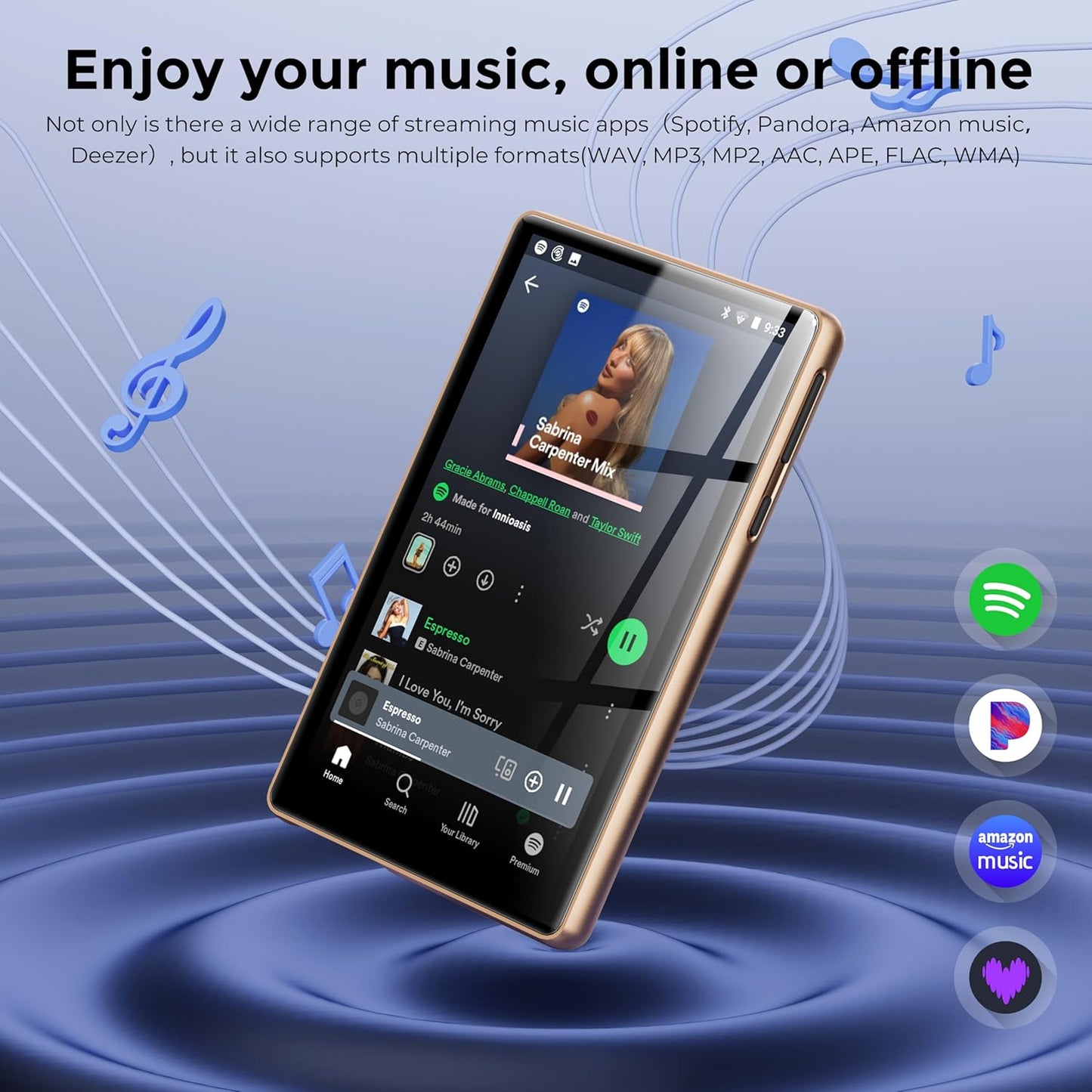 128GB MP3 Player with Bluetooth and WiFi，Music Video Player with Spotify Pandora,Amazon Music, 5" Touch Screen Android MP4 MP3 Player for Kids with Audible, YouTube, Spotify Kids,up to 256GB (Gold)