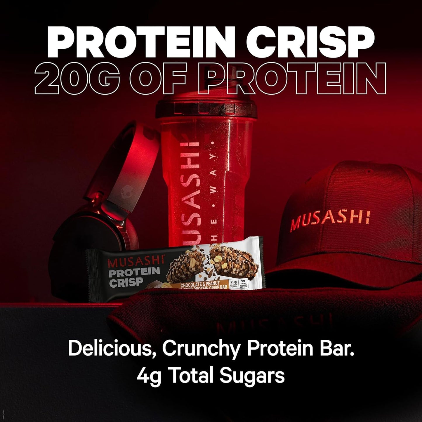 MUSASHI Protein Crisp Bar, 20g Protein, 4g Total Sugars, Vanilla & Caramel, Post Workout and Snack On The Go, 12 Pack of 2.1oz (60g) Bars