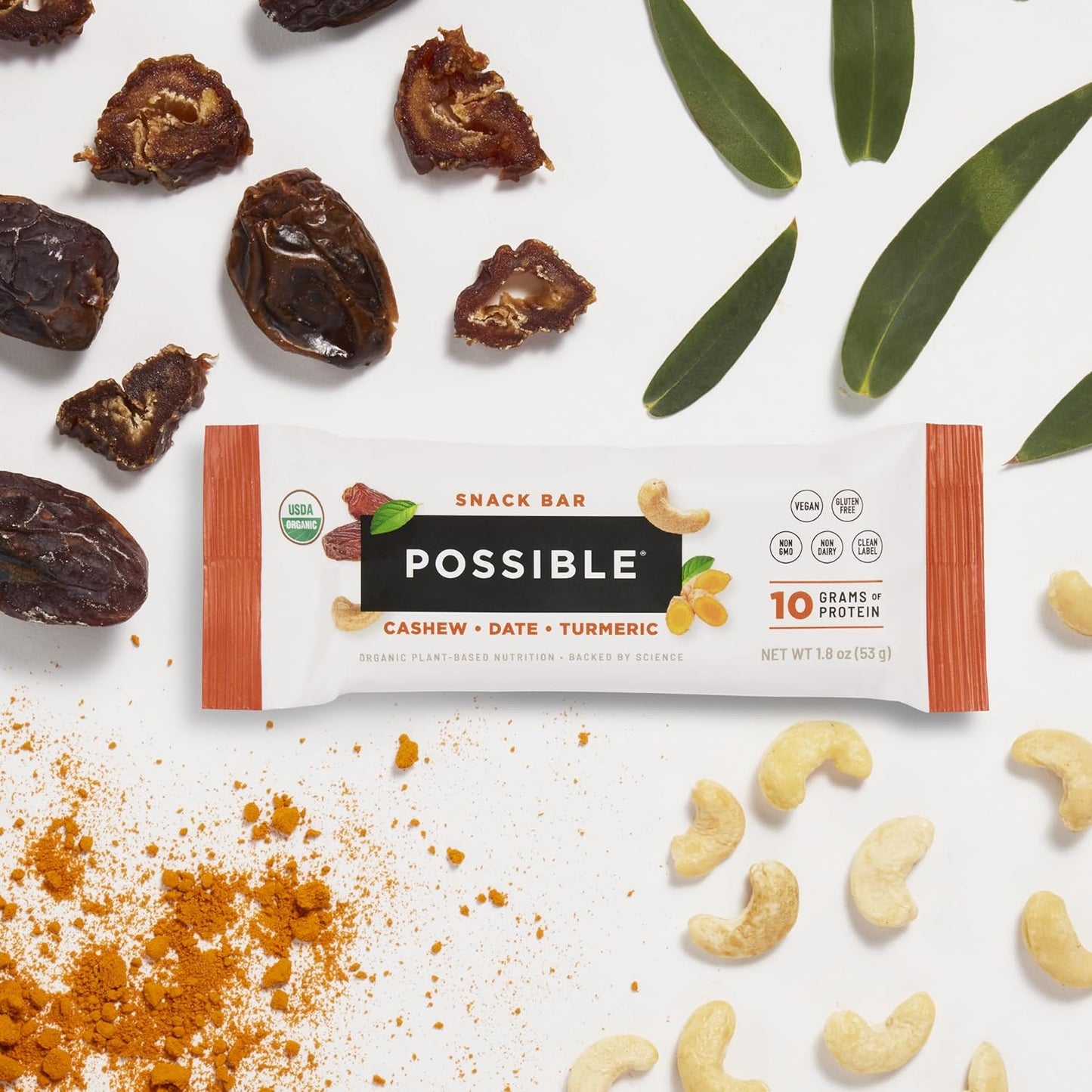POSSIBLE Snack Bar - Organic Energy Bars with 10g of Plant-Based Protein - Vegan, Gluten-Free, Non-Dairy, USDA Organic - Healthy Fats - Clean Label - 1 Box, 12 Servings - Cashew Date Turmeric