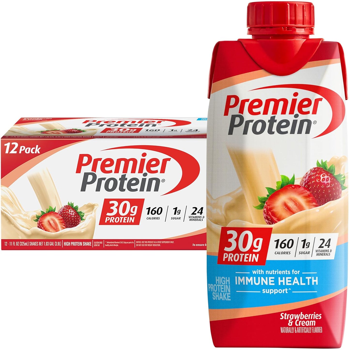 Premier Protein Protein Shake, Strawberries & Cream, 30g Protein, 1g Sugar, 11 fl oz Pack of 12