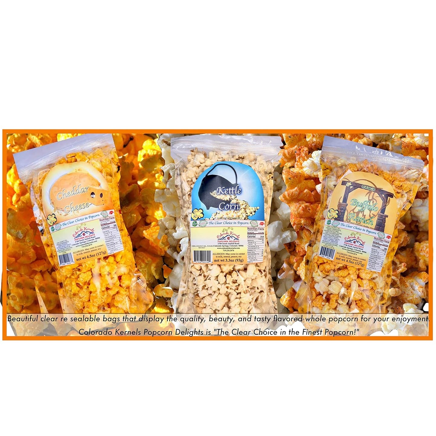 Popcorn by Colorado Kernels Popcorn Delights | 3.5 Gal CELEBRATE COLORADO MOUNTAINS Bucket | 6 lg resealable bags | Kettle Corn, Cheddar Cheese, Caramel Corn,Chocolate, Almonds/Pecans, Buffalo Ranch