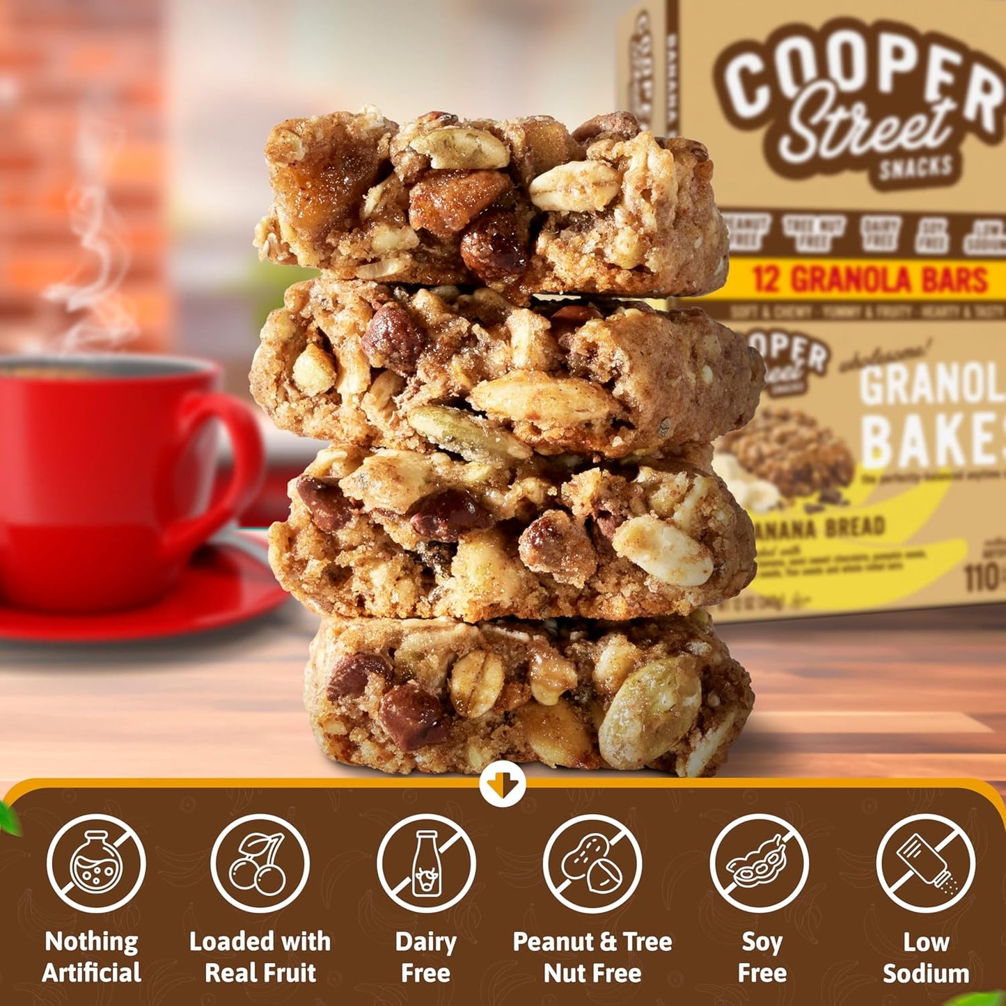 Cooper Street Banana Bread Granola Bakes (12 pack) - Individually Wrapped Soft and Chewy Breakfast Granola Bars - Nut, Dairy & Soy Free - Great As Kids Snacks For School, Hiking Or Work