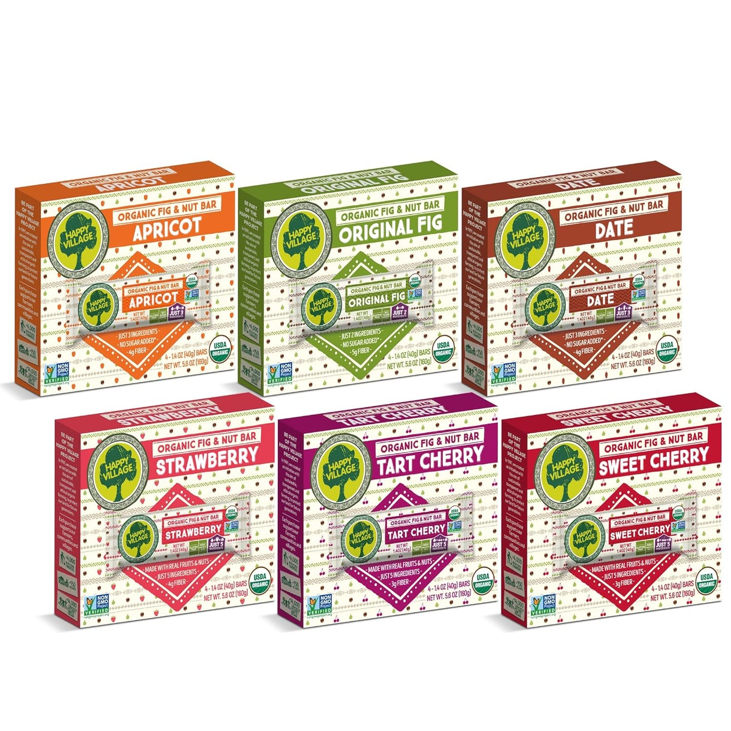 Happy Village Organic Fig & Nut Bars, VARIETY (24 Pack, 1.4 OZ each), Gluten Free, No Refined Sugar, Kosher, Non-GMO, Vegan, Good Source of Fiber, Organic Healthy Snack Bars - 4 bars of Each Flavor