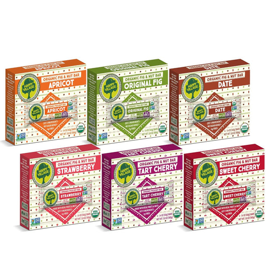 Happy Village Organic Fig & Nut Bars, VARIETY (24 Pack, 1.4 OZ each), Gluten Free, No Refined Sugar, Kosher, Non-GMO, Vegan, Good Source of Fiber, Organic Healthy Snack Bars - 4 bars of Each Flavor