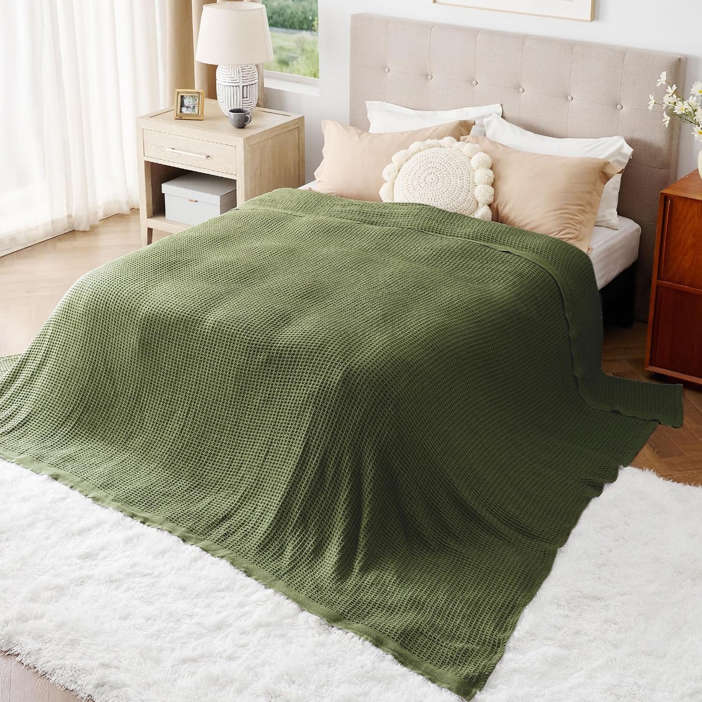 Bedsure 100% Cotton Large Blanket Oversized King for Bed - Breathable Thick Waffle Weave Blanket for Summer, Couch Cover, Olive Green, 120x94 inches