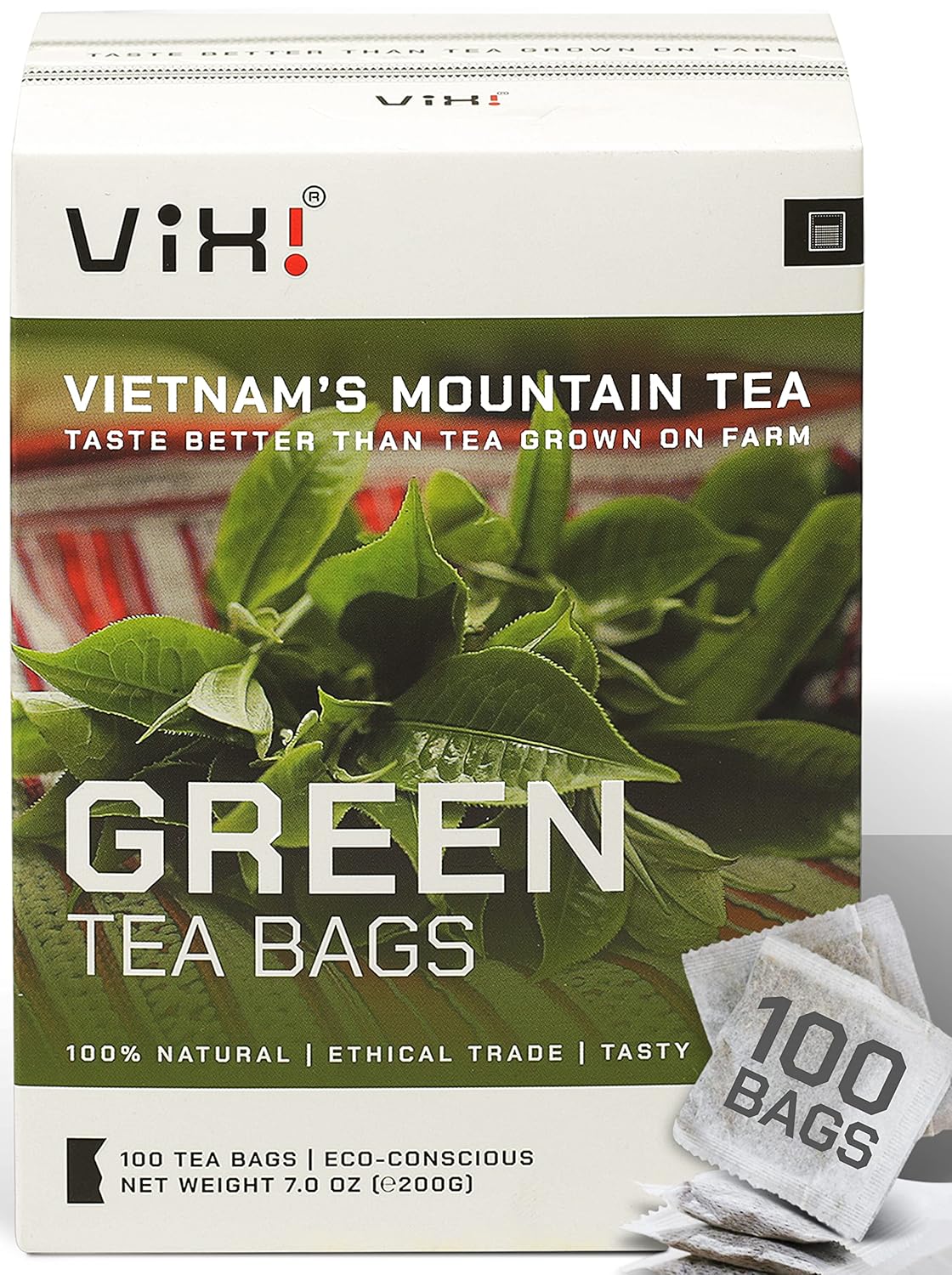 VIXI Green Tea Bags, 100 Counts, Vietnam's Mountain Tea, Antioxidant, Caffeinated, Tagless, Plastic Free, Balanced Flavored, 100% Natural for Hot, Iced and Cold Brew