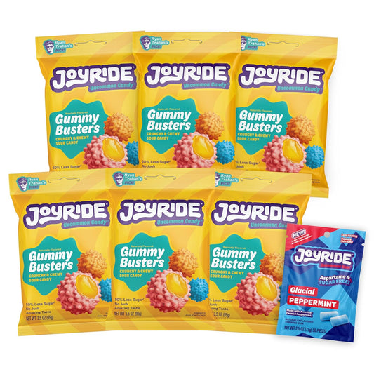 JOYRIDE Gummy Busters - 3.5 oz 6-Pack Bundle with 2.5oz Glacial Peppermint Gum, Low Sugar, Low Calorie Snacks, Dye Free Candy (7 Items)