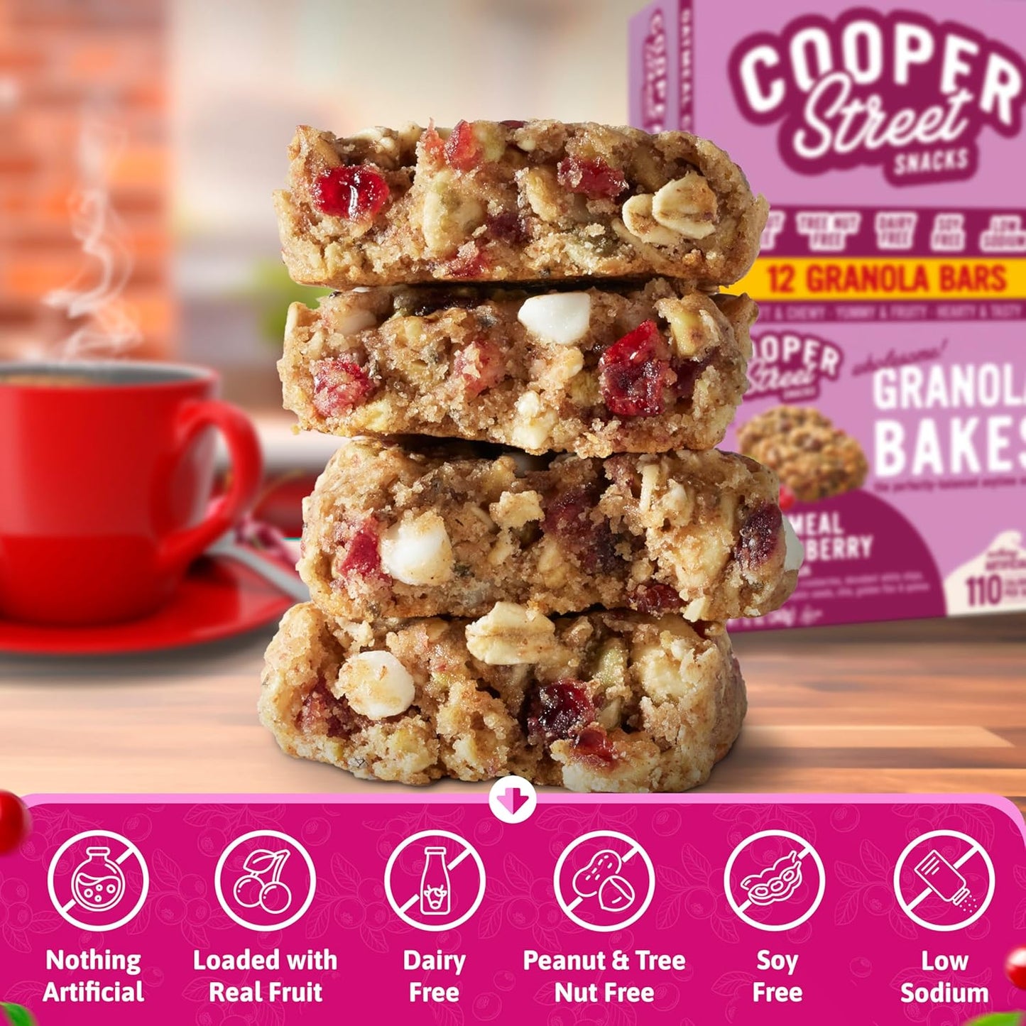Cooper Street Oatmeal Cranberry Granola Bakes (12 pack) - Individually Wrapped Soft and Chewy Breakfast Granola Bars - Nut, Dairy & Soy Free - Great As Kids Snacks For School, Hiking Or Lunchbreak