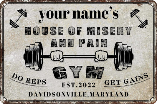 Custom Gym Sign Wall Art Decor Personalized Name Aluminum Metal Sign Retro Workout Room Fitness Center Tin Sign - house of misery and pain