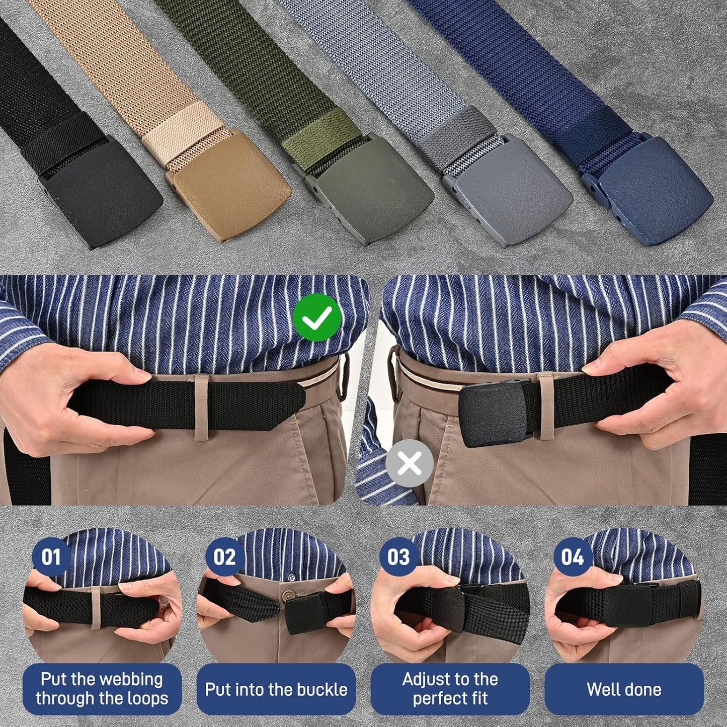 Tactical Men's Nylon Belts,5 Pack Mens Belts Casual，Military Canvas Outdoor Metal-free Belts