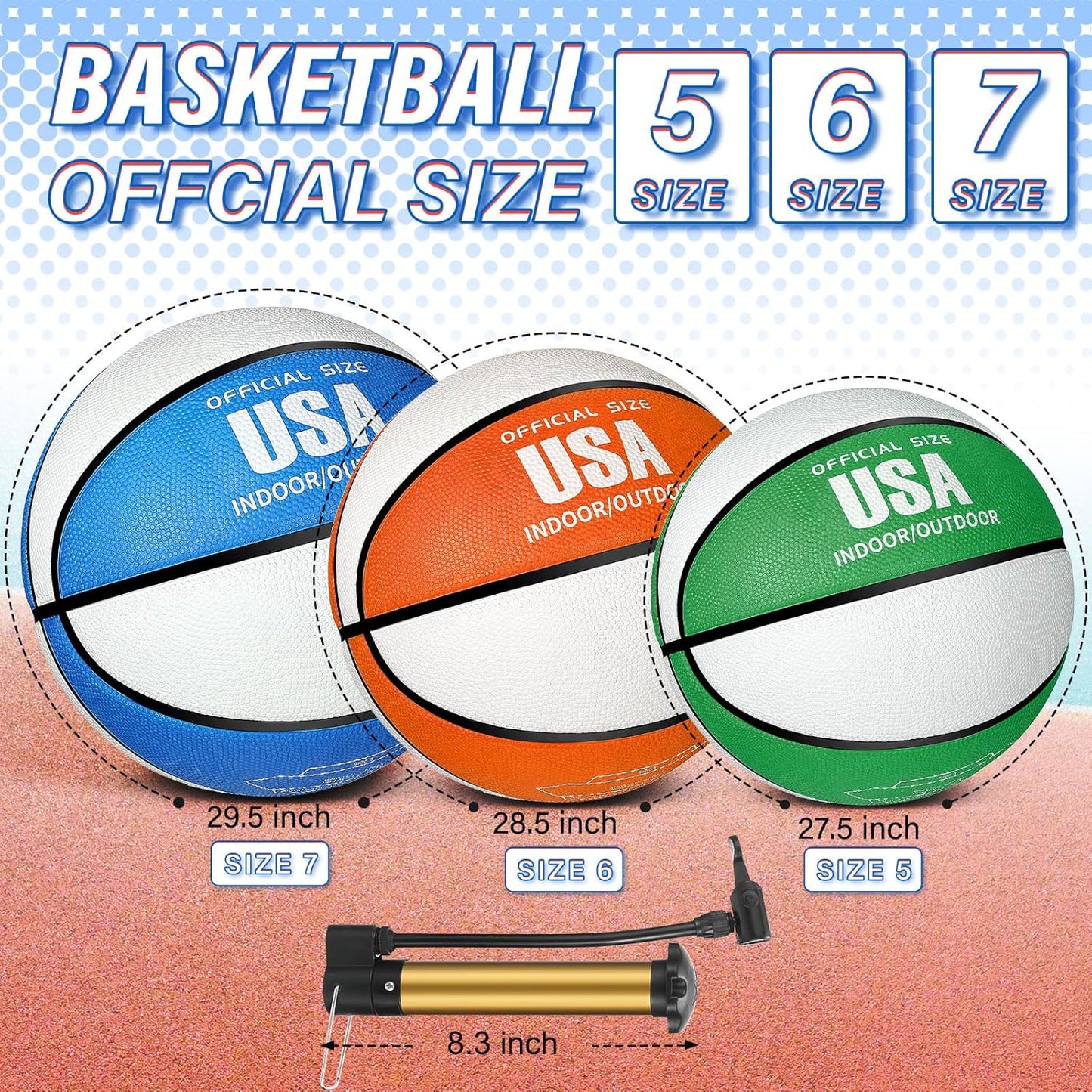 Libima 6 Pcs Official Basketball Indoor Outdoor 2 Color Printed Rubber Basketball with Pump for Game Practice Training Kids Adults Back to School