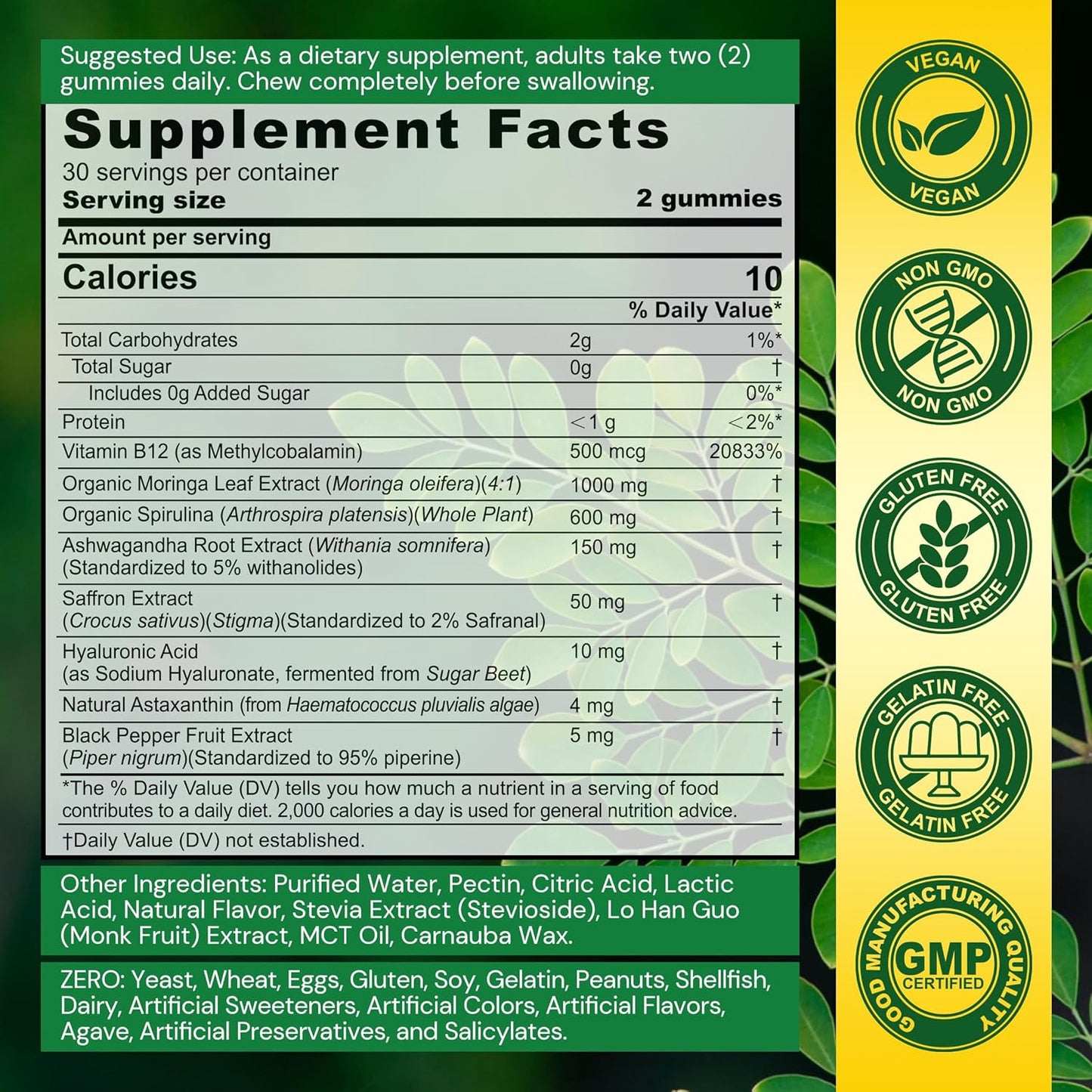 Organic Moringa Gummies 1000mg - Whole Food Green Superfood, Rich in Vegan Protein, Fiber, B-Complex, Potassium, Magnesium, Calcium - w/Spirulina, Saffron, Ashwagandha for Energy & Gut Health, 120Cts