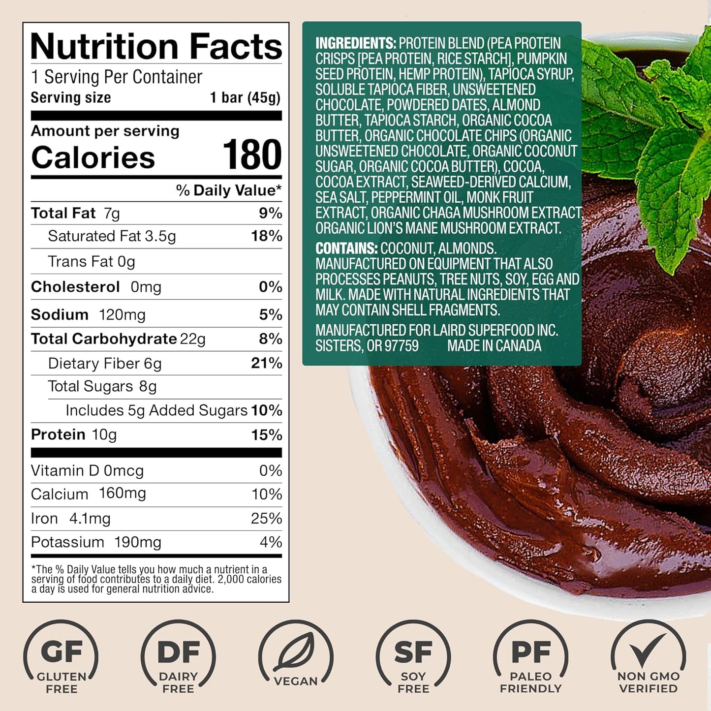 Laird Superfood Functional Protein Bars – Protein Bar but Better with Real Ingredients, Functional Mushrooms 10g Plant-Based Protein, 6g Fiber - Non-GMO - Mint Chocolate, 10 Count (Pack of 1)