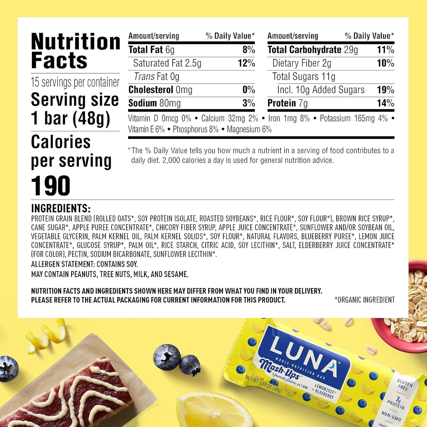 LUNA Bar - Mash-Ups LemonZest + Blueberry Flavor - Snack Bars - Non-GMO - Gluten-Free Protein Bars - Made with Organic Oats (15 Pack)