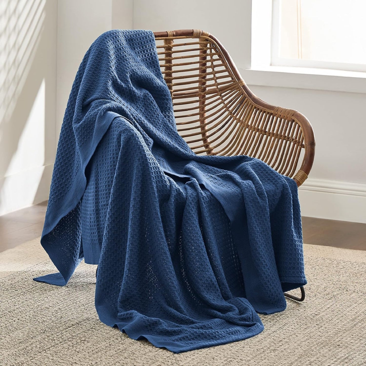 Bedsure 100% Cotton Blanket Twin XL Size for College Dorm - Breathable and Soft, Waffle Weave Twin Blanket for Summer, Dorm Room Essentials, Navy, 66x90 inches