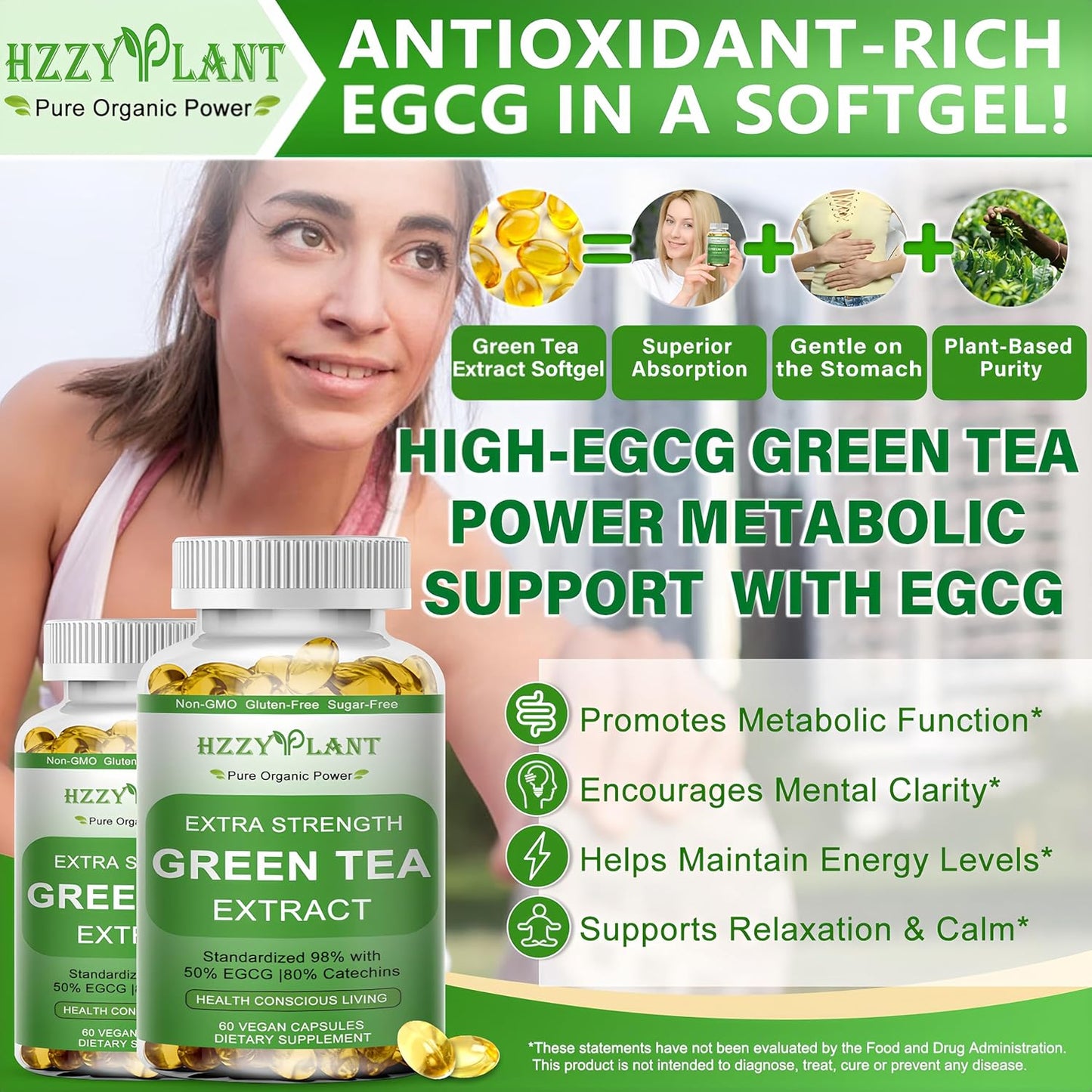 Green Tea Extract Softgels, High Absorption Green Tea Softgel Capsules for Energy Metabolism Antioxidant Immune Skin Heart Support, Herbal Supplement 50% EGCG for Men & Women,Non-GMO,2 Month Supply