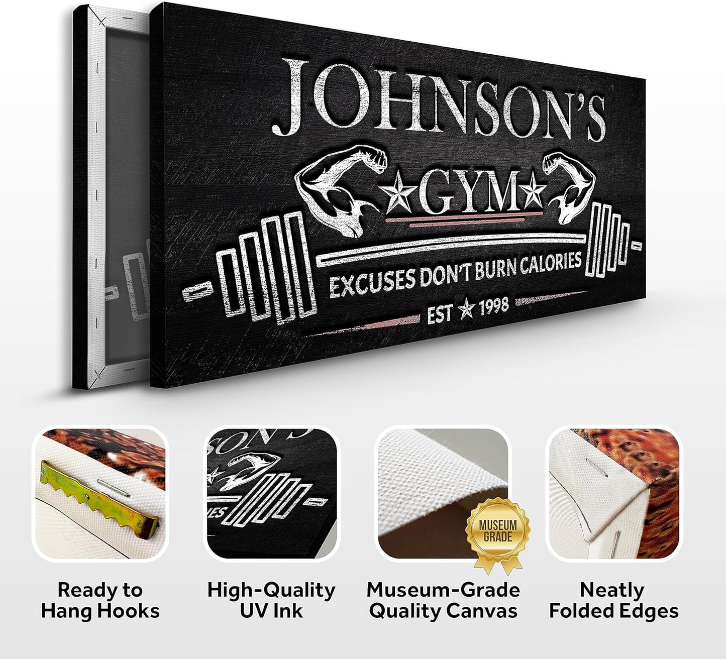 Tailored Canvases Personalized Gym Sign Wall Art Decor - Motivational Canvas for Home Gym, Workout Room, Garage, Fitness Center - Workout Inspirational Posters - Excuses Don't Burn Calories Dark, 20x10in