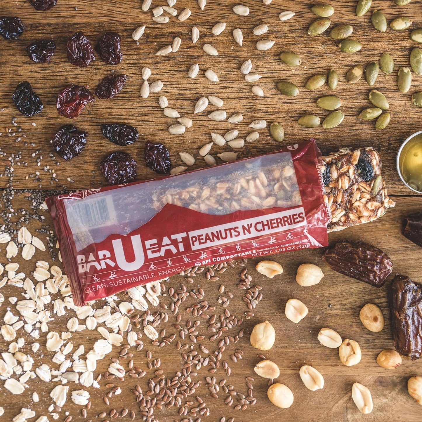 BAR-U-EAT Gluten-Free, Organic, Soft & Chewy Energy Bar. Real Food | Seed Oil Free | No Artificial Sugar | Compostable Packaging | Healthy Snacks (Peanuts N' Cherries 12 Pack)
