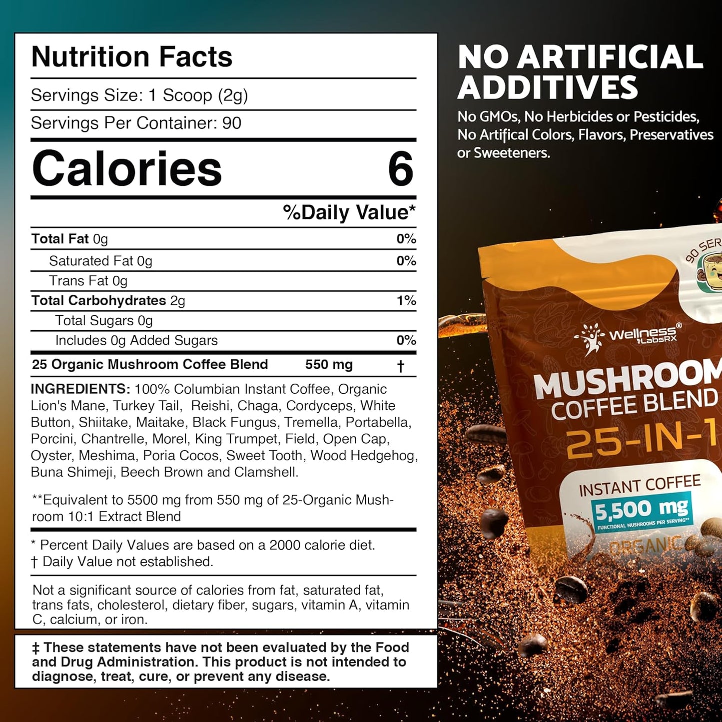 Mushroom Coffee Organic Instant Coffee, 25-in-1, Third-Party Tested Keto Friendly Lions Mane Supplement with Functional Mushrooms – Shiitake, Reishi, Lion’s Mane & More | Smooth, Rich Flavor - 90 Servings