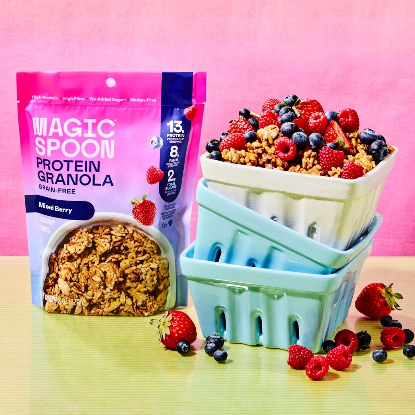 Magic Spoon Protein Granola - High Protein Granola, Keto Friendly, Low Sugar, Grain Free, Healthy Breakfast or Quick Snack and a Spoon (3 bags of Mixed Berry)