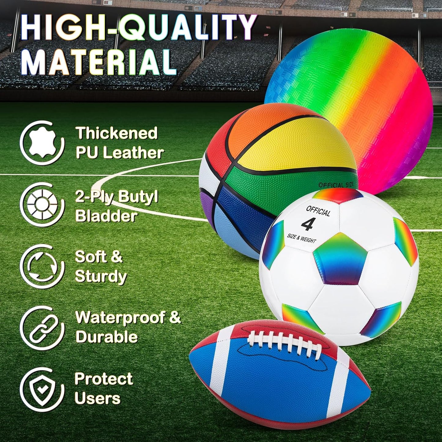 Deekin 4 Pcs Sport Balls Set for Kids Teens, Include Official Size 5 Basketball 4 Soccer 6 Football Playground Ball and Pump Sports Equipment Bag Recess Equipment Sport for Students(Rainbow Color)