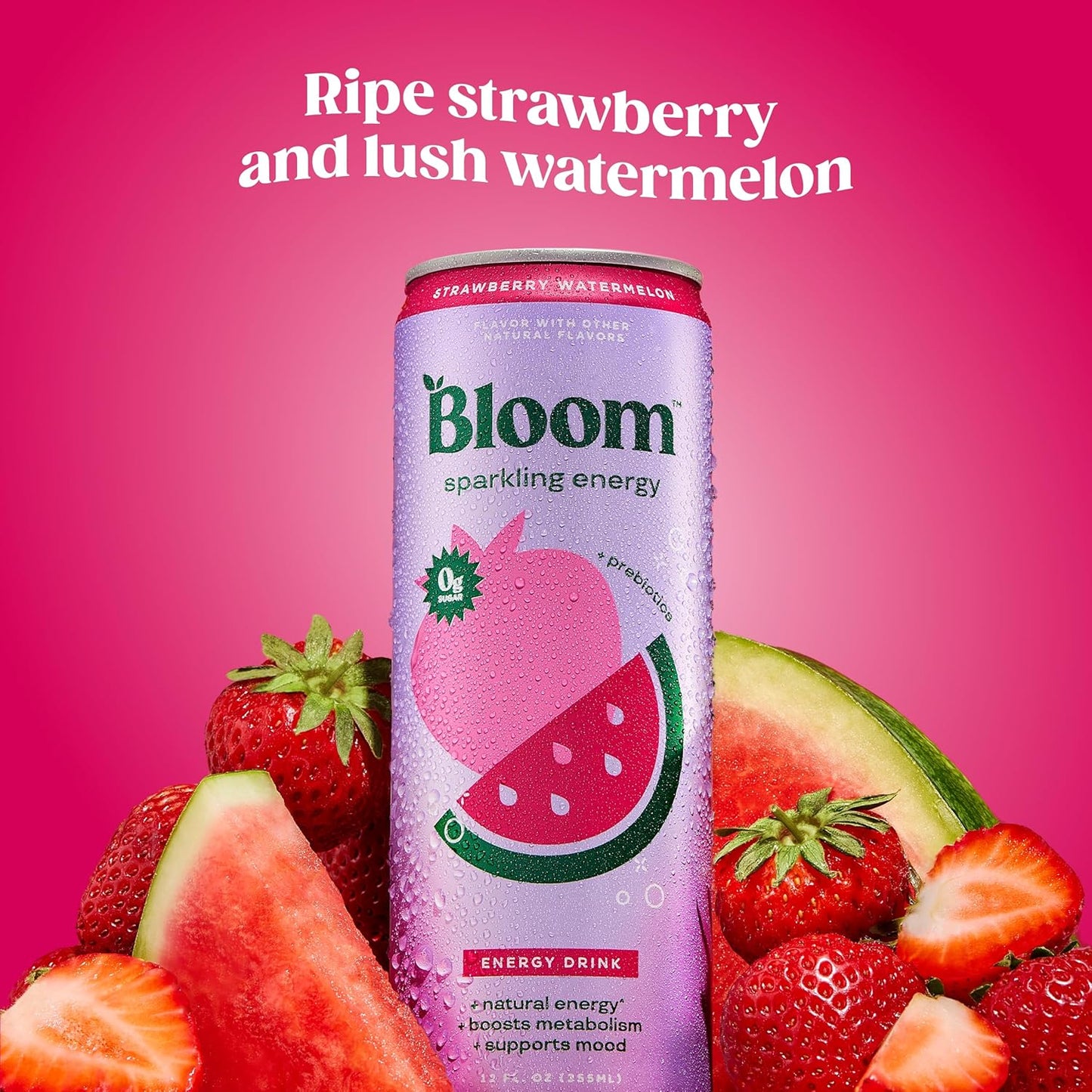 Bloom Nutrition Sparkling Energy Drink - Natural Caffeine, Zero Sugar, 180mg Caffeine - Antioxidant-Rich with Green Coffee Bean, Green Tea Extract, Prebiotics - Strawberry Watermelon - 12oz 12 Pack