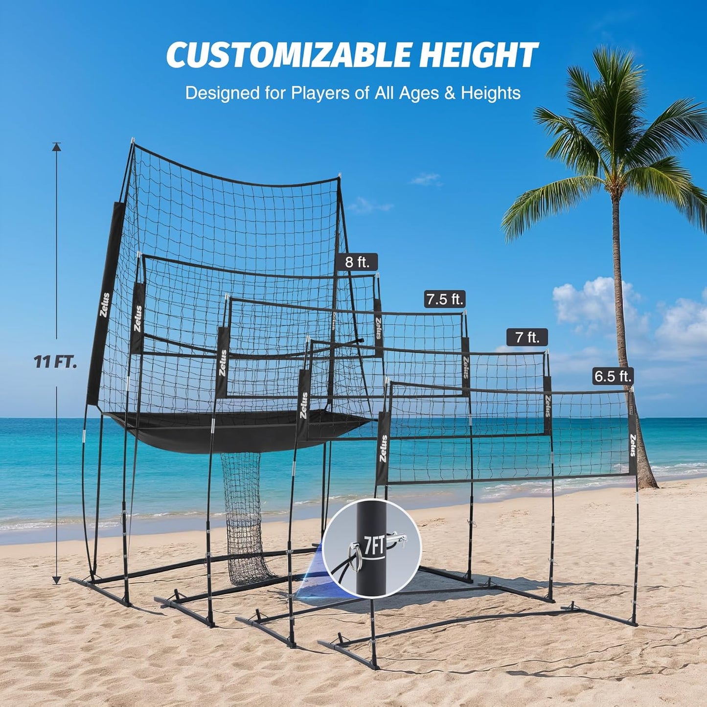ZELUS Volleyball Training Equipment, 11x8 ft Volleyball Practice Net Station with Adjustable Height & Ball Return
