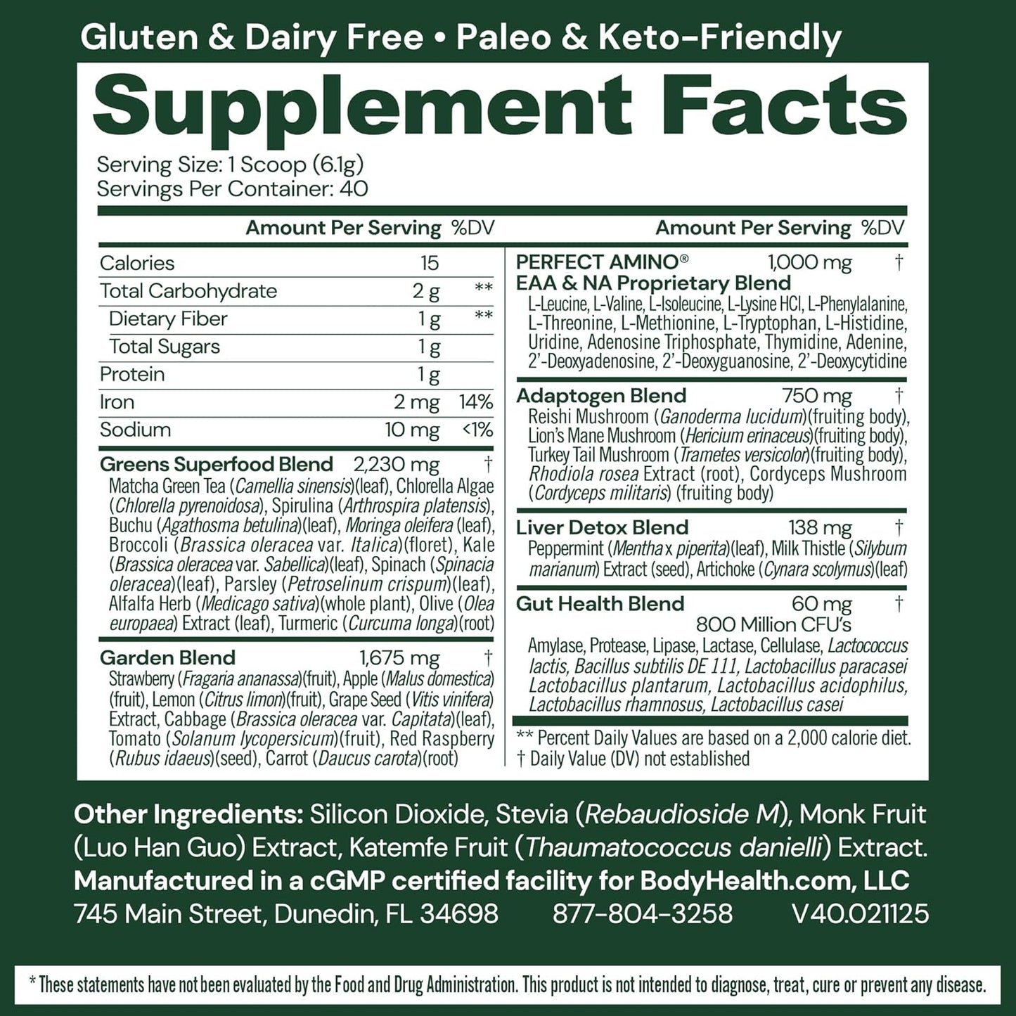 BodyHealth Greens Enhanced with PerfectAmino - Daily Superfood Green Apple Smoothie Powder with Vegetables, Fruit, Antioxidants, Prebiotics, Probiotics, Fiber, and Protein - 40 Servings