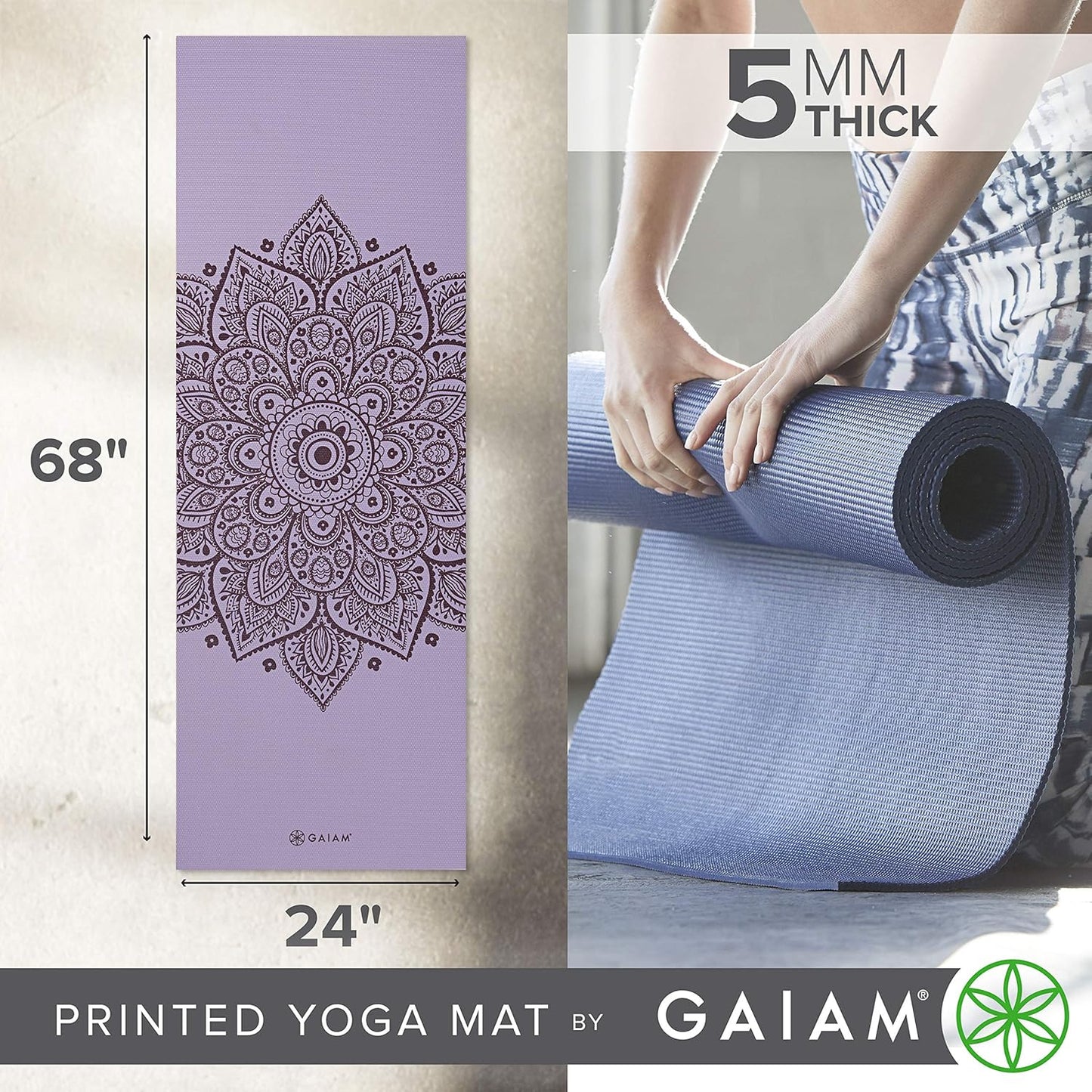 Gaiam Yoga Mat - Premium 5mm Print Thick Non Slip Exercise & Fitness Mat for All Types of Yoga, Pilates & Floor Workouts (68" x 24" x 5mm)