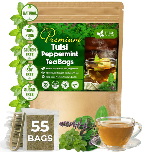 FreshDrinkUS, Premium Tulsi Peppermint Herbal Tea – 55 Tea Bags, 100% Natural, Blend of Tulsi Holy Basil Leaves, and Peppermint Leaves. Made with Natural Material Tea Bags. No Sugar, Vegan.