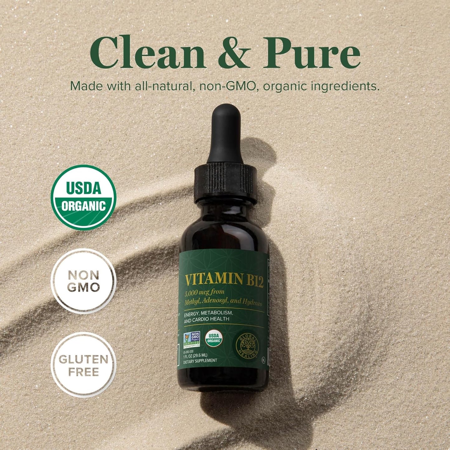 Global Healing Center - Vitamin B12 Sublingual 5000 MCG Organic Liquid Supplement, Methylcobalamin, Adenosylcobalamin, Hydroxo Long-Lasting Energy and Healthy Metabolism - Vegan B12 Vitamins (1 Oz)