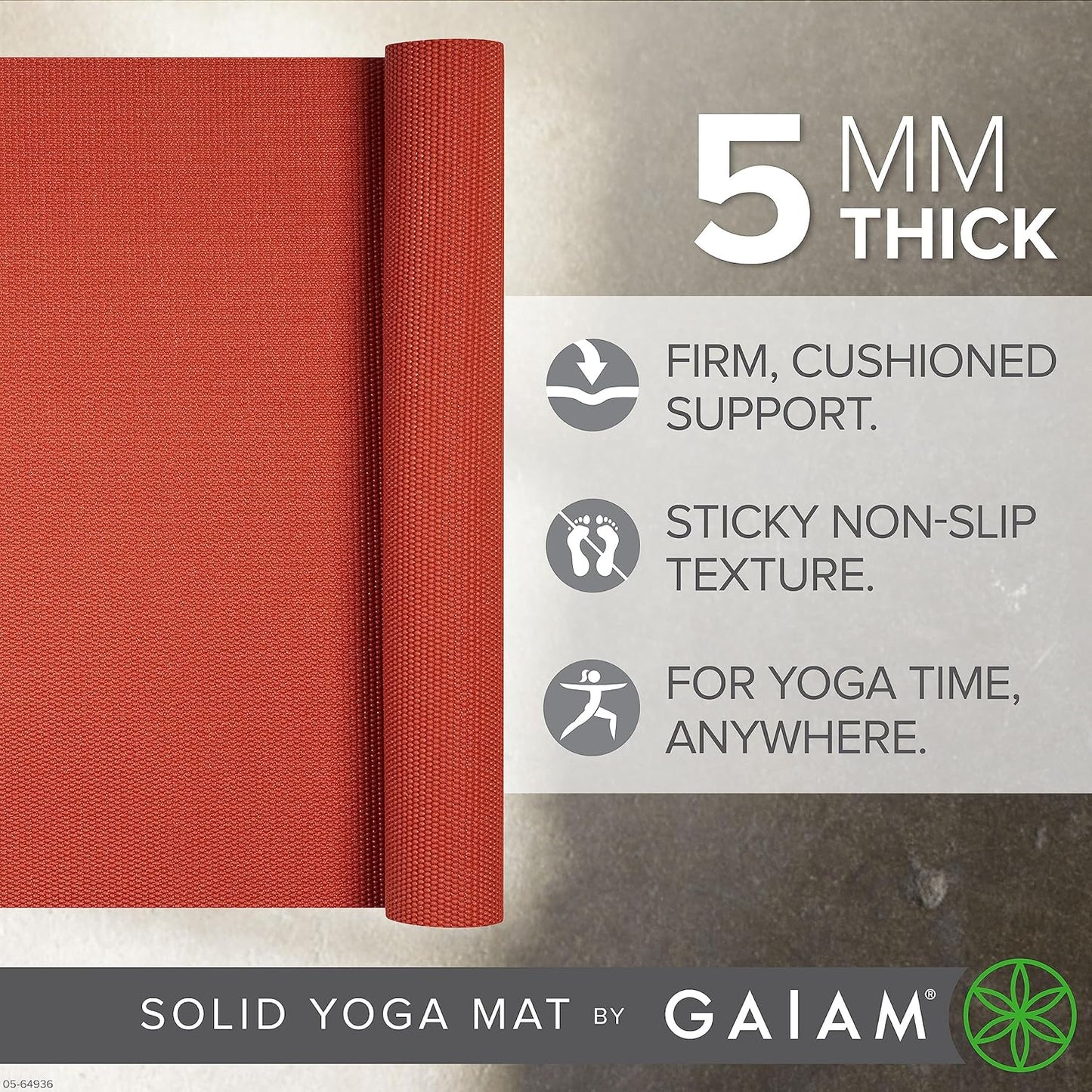 Gaiam Yoga Mat - Premium 5mm Solid Thick Non Slip Exercise & Fitness Mat for All Types of Yoga, Pilates & Floor Workouts (68" x 24" x 5mm)