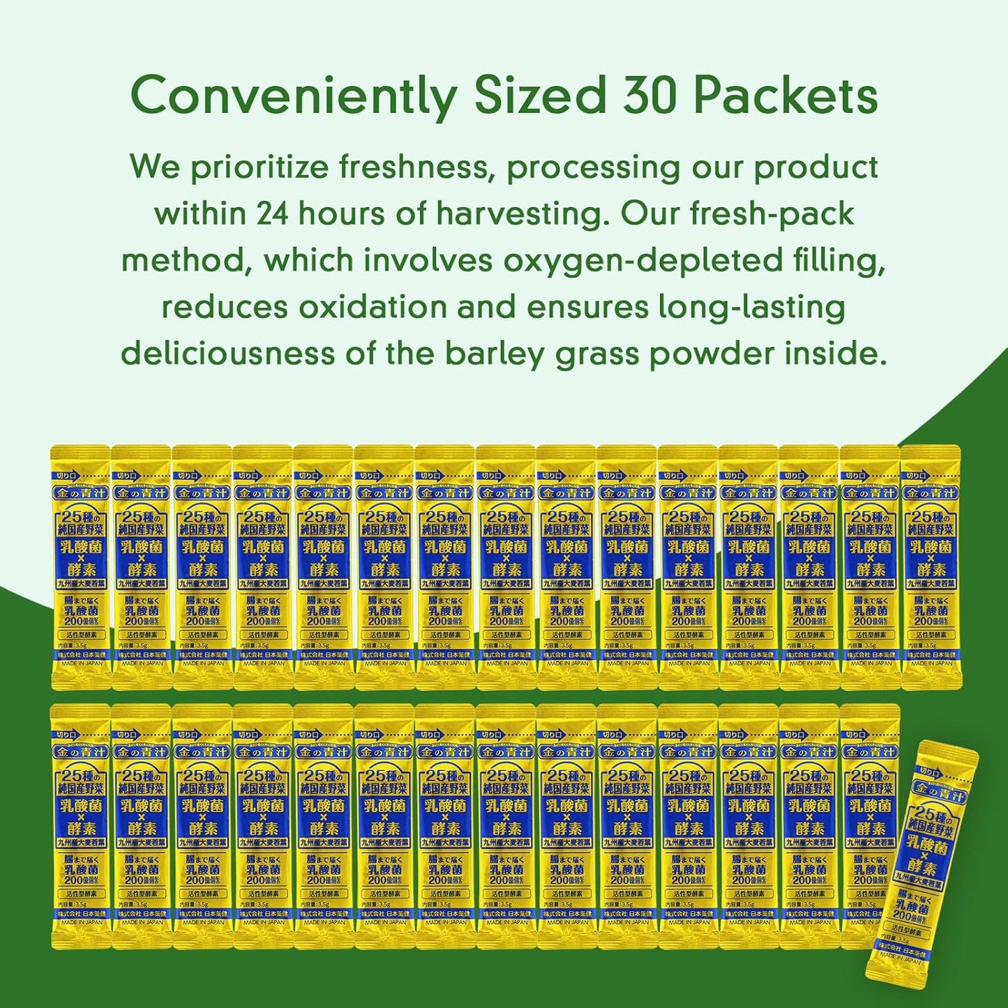 Kin no Aojiru Veggie Blend - 25 Types of Pure Japanese Vegetables Including Young Barley Grass - Ready-to-Use 0.12 oz. (3.5g) Individual Packet × 30pcs - Gluten Free