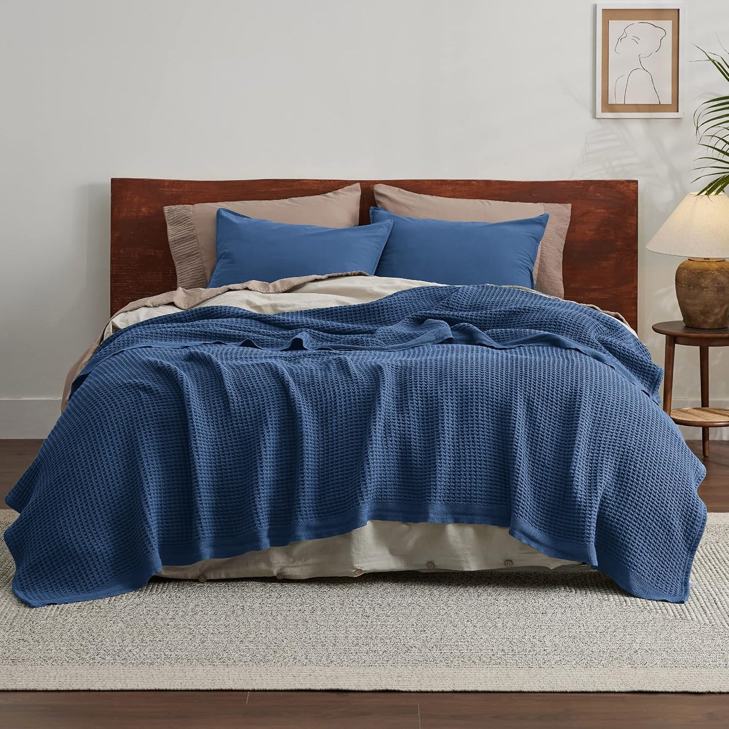 Bedsure 100% Cotton Blanket Queen Size for Bed - Breathable and Soft, Waffle Weave Blanket for Summer, Thick Cozy Fall Blankets for Women Gift, Navy, 90x90 Inches