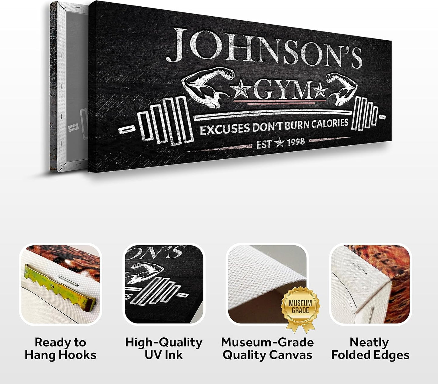 Tailored Canvases Personalized Gym Sign Wall Art Decor - Motivational Canvas for Home Gym, Workout Room, Garage, Fitness Center - Workout Inspirational Posters - Excuses Don't Burn Calories Dark, 36x12in