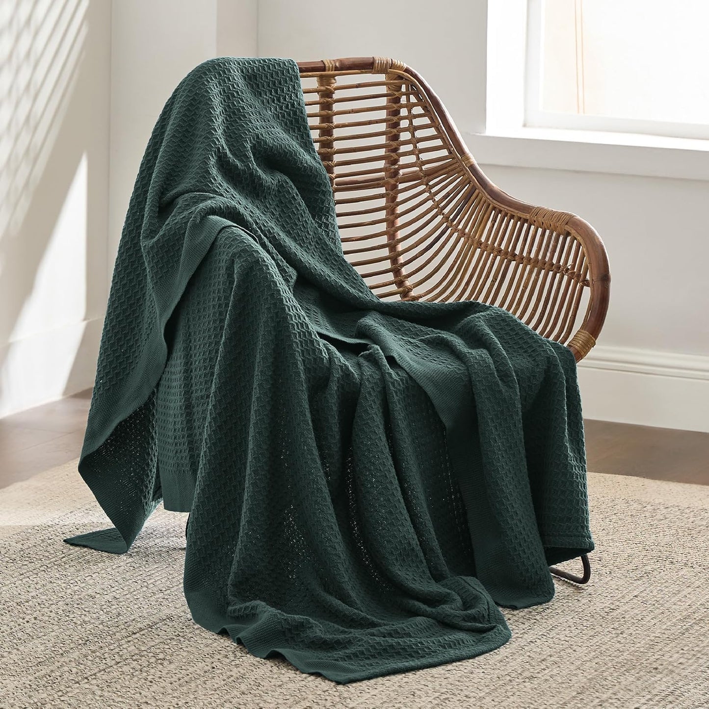 Bedsure 100% Cotton Blanket Twin XL Size for College Dorm - Breathable and Soft, Waffle Weave Twin Blanket for Summer, Dorm Room Essentials, Dark Green, 66x90 inches