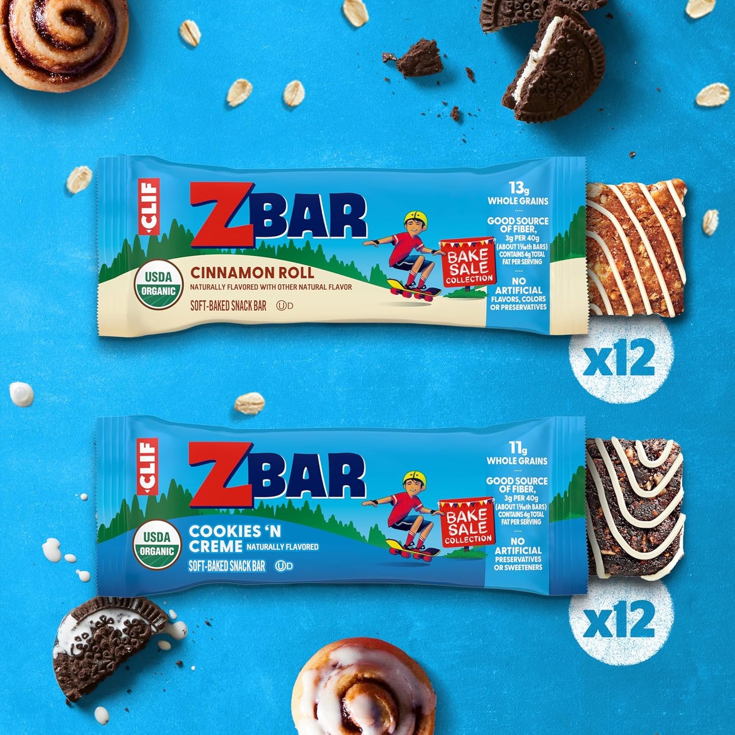 Zbar - Bake Sale Collection - Cookies 'N Creme and Cinnamon Roll Flavor - Soft Baked Snack Bars Variety Pack - Non-GMO - Whole Grains - USDA Organic Granola Bars, School Snacks (24 Pack)
