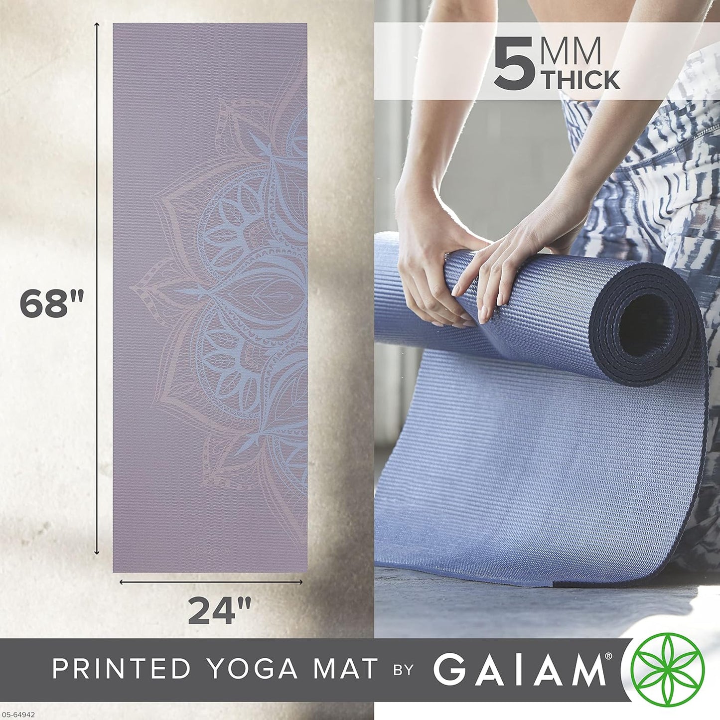 Gaiam Yoga Mat - Premium 5mm Print Thick Non Slip Exercise & Fitness Mat for All Types of Yoga, Pilates & Floor Workouts (68" x 24" x 5mm)