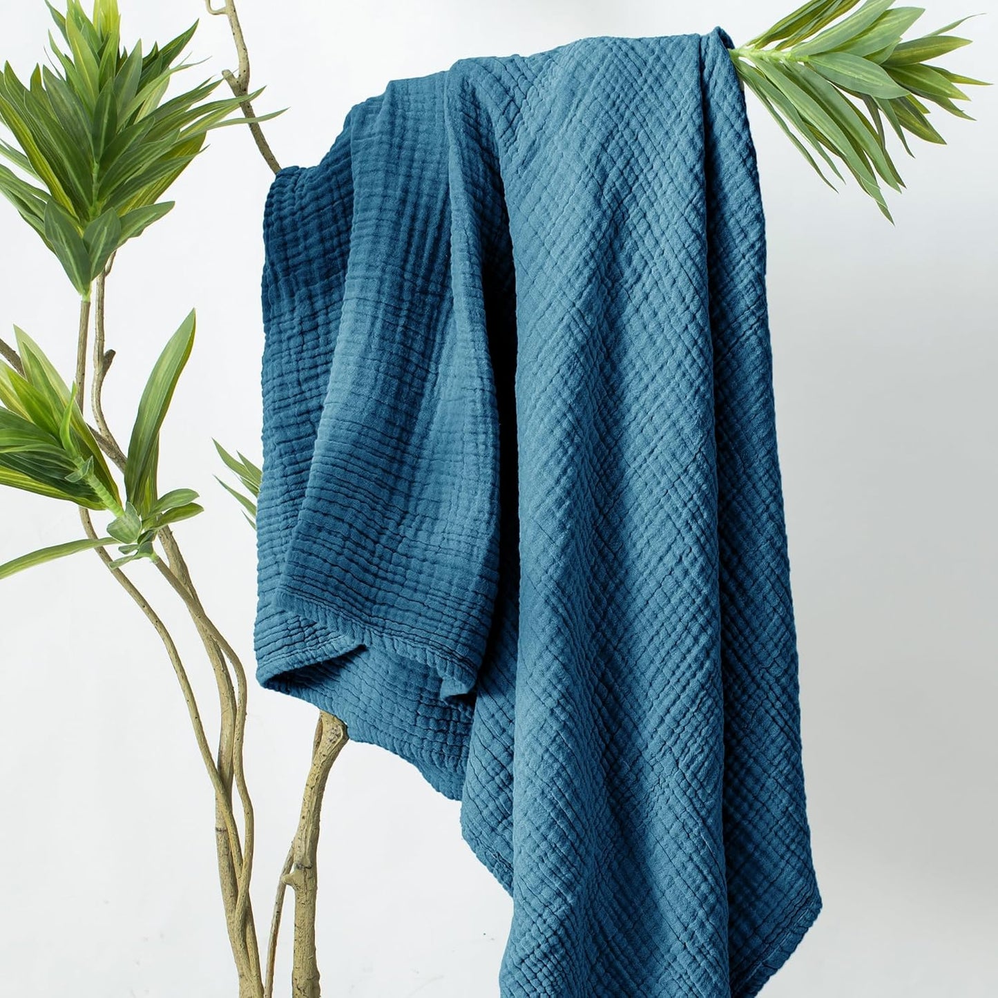 Carriediosa 100% Cotton Muslin Throw Blanket 66" X 90" Twin XL Size，4-Layers Summer Gauze Throws for Bed Couch，Soft Lightweight Breathable Linen Blankets Bedspread for Adults All Season，Dusty Blue