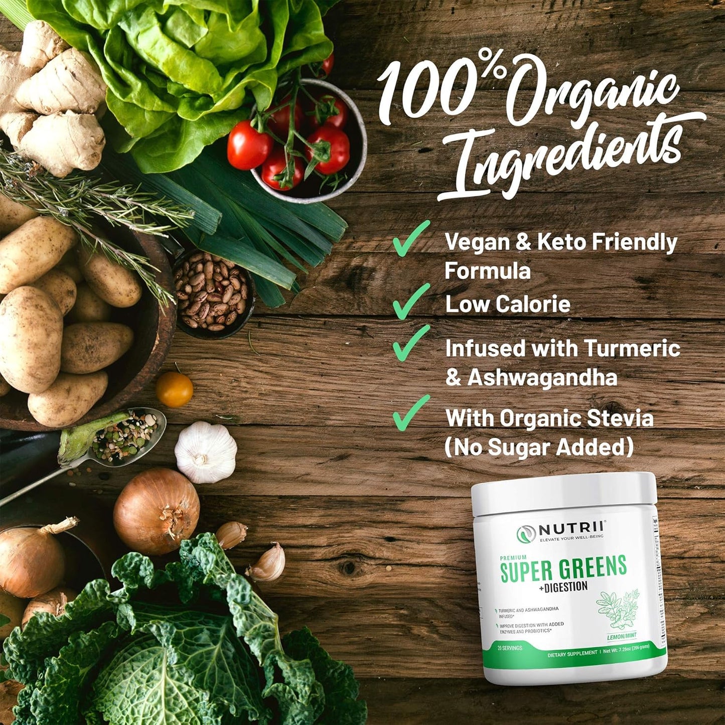 Organic Green Immunity Superfood Powder - Soothes Digestion, Boosts Healthy Vitality and Energy. Fast Acting Formula with Probiotics, Enzymes, Turmeric and Ashwagandha (30 Servings Lemon-Mint)