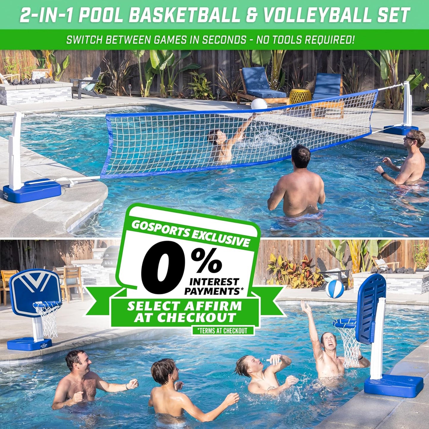 GoSports Splash Hoop 2-in-1 Full Court Pool Basketball & Volleyball Game Set