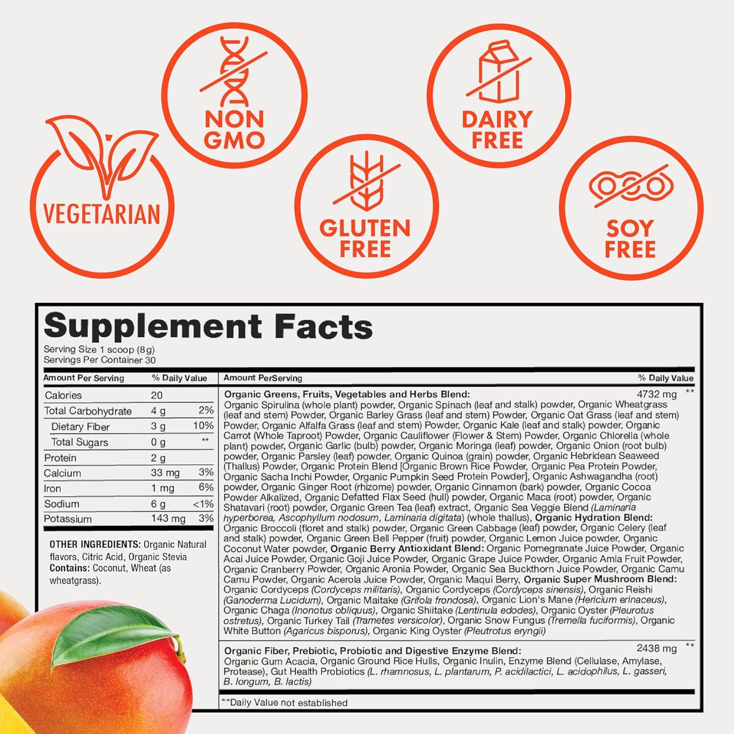 Zena Nutrition Organic Super Greens Powder, 70+ Superfoods, 0 Sugar, 3G Fiber, Spirulina, Chlorella, Antioxidants, Prebiotics/Probiotics, Digestive Enzymes, Mango, 30 Servings