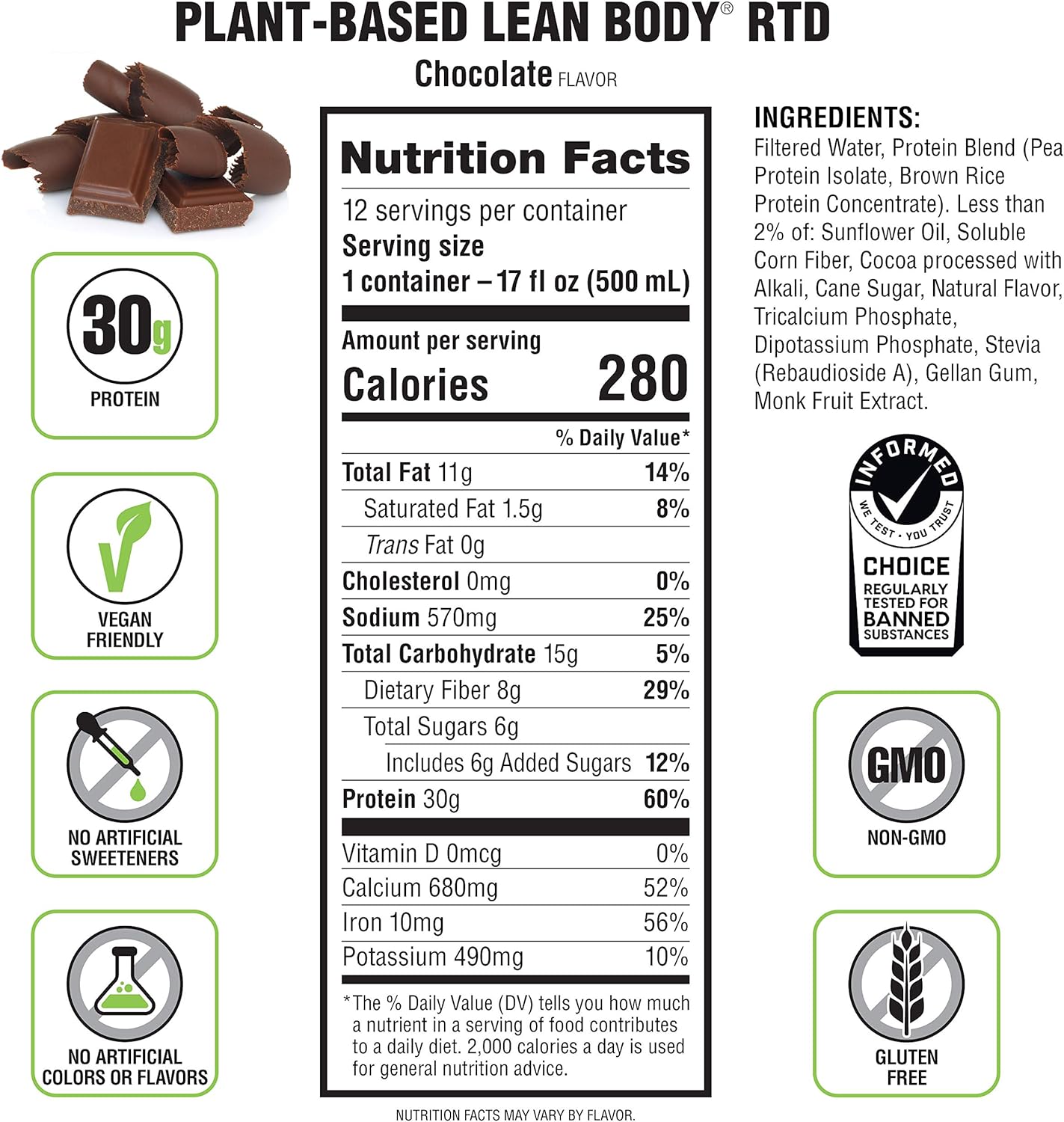 Lean Body Ready-to-Drink, Plant-Based Vegan Chocolate Protein Shake, 30g Protein, No Artificial Flavors, Sweeteners or Colors, Non GMO, Gluten Free, Premium Pea & Rice Blend (Pack of 12)